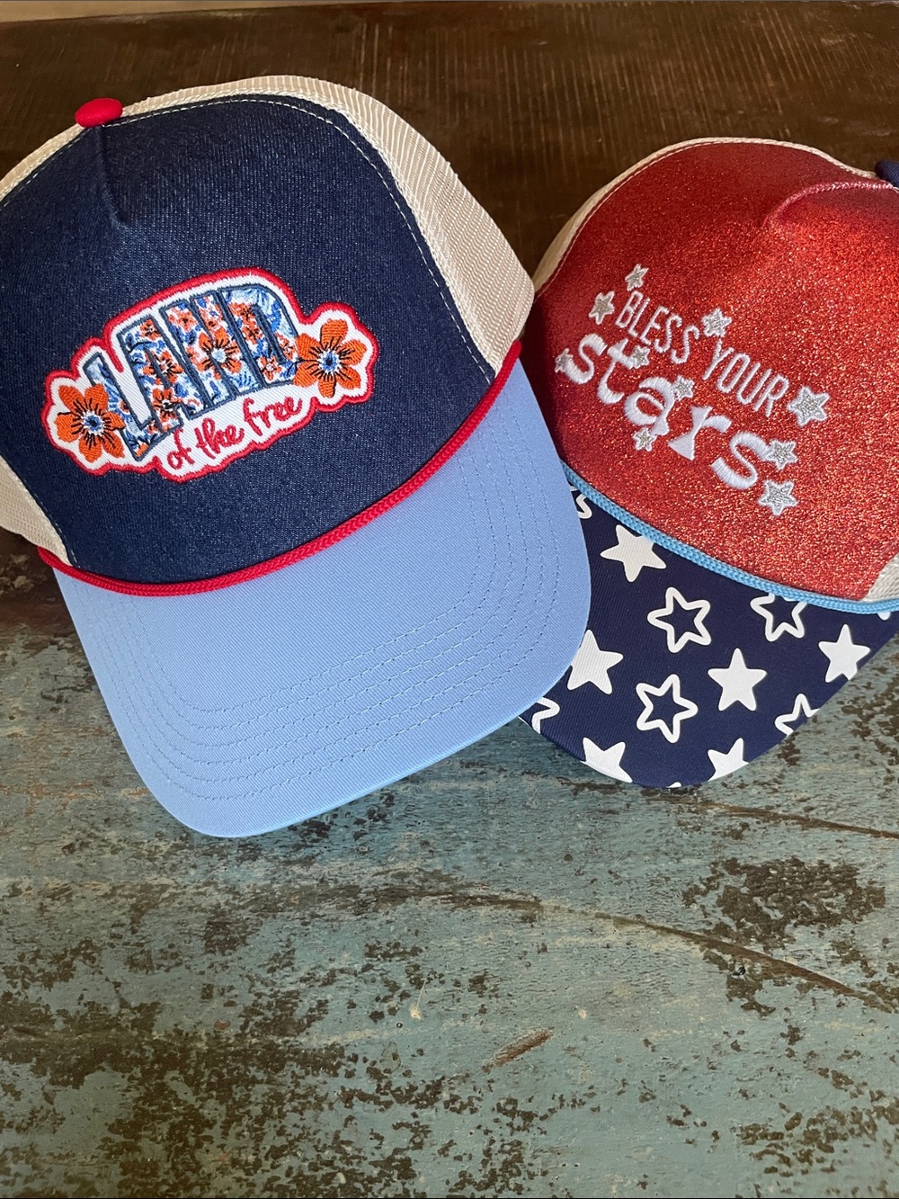 Patriotic 'Bless Your Stars' and 'Land of the Free' Trucker Hats - Red & Blue